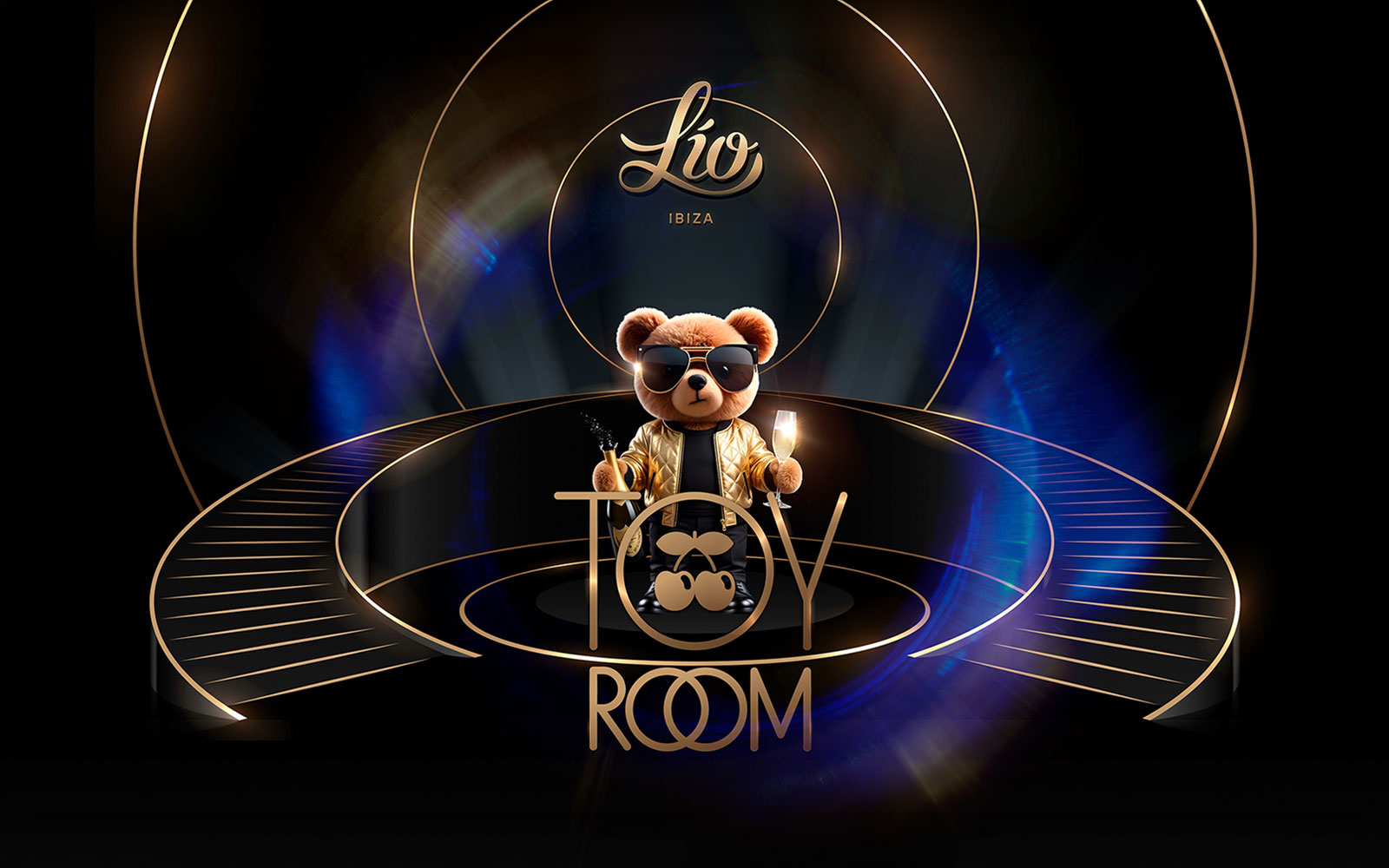 Toy Room Ibiza logo with teddy bear in sunglasses holding champagne.