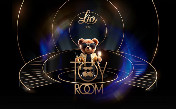Toy Room Ibiza logo with teddy bear in sunglasses holding champagne.