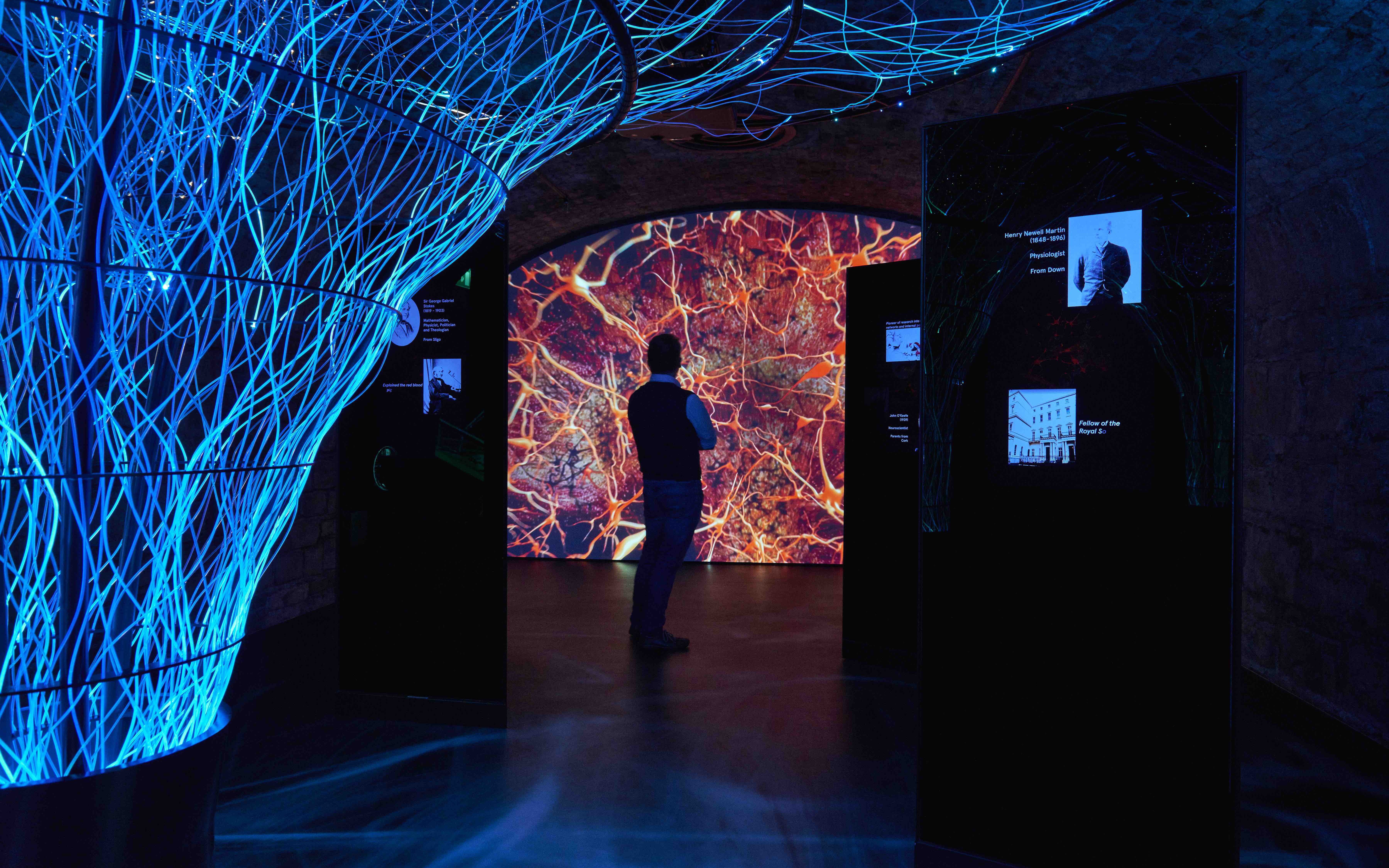 Visitor exploring interactive digital display at epic museum exhibit.