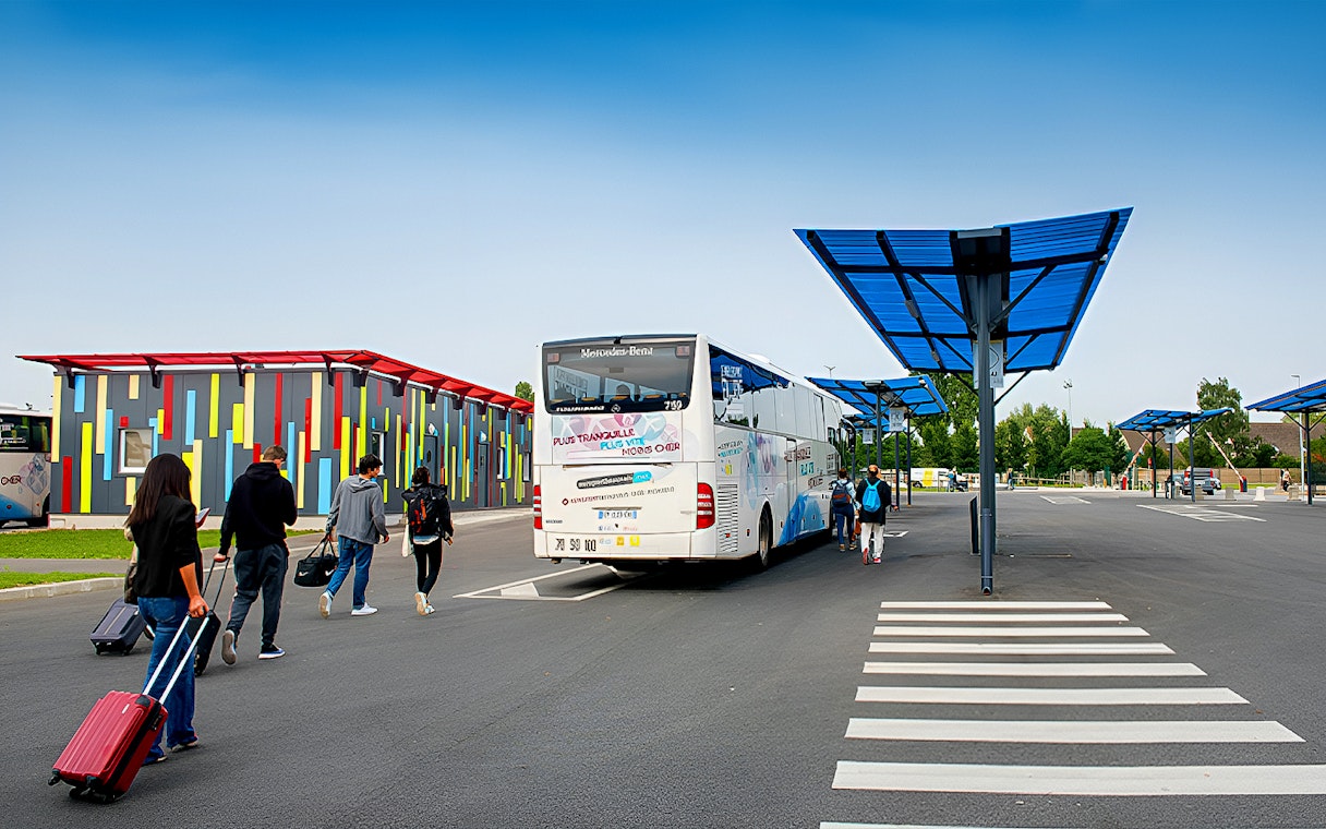 Aerobus at Paris airport bus stop with passengers boarding.