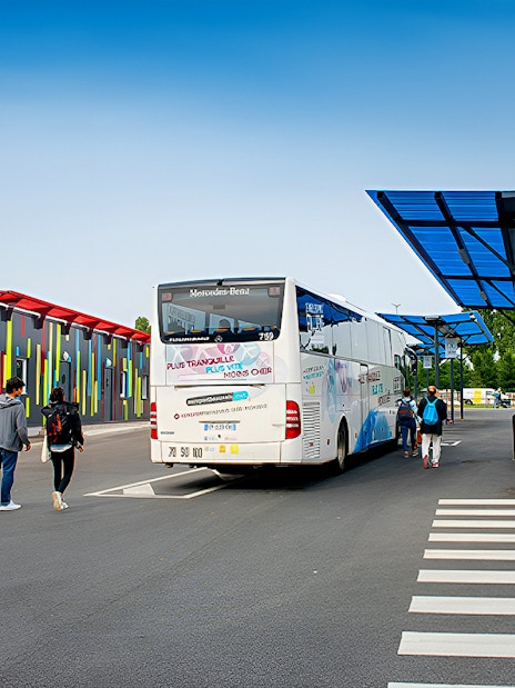 Aerobus at Paris airport bus stop with passengers boarding.
