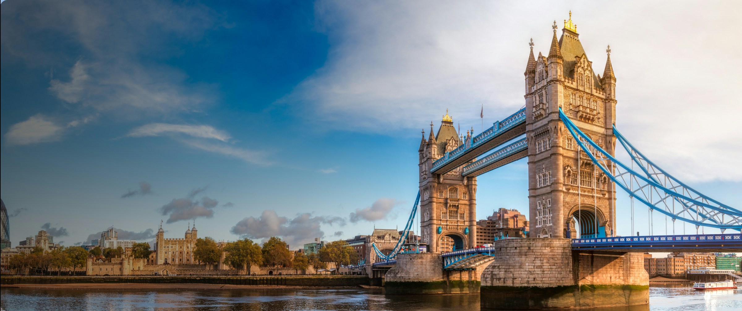 London skyline featuring the iconic Tower Bridge and River Thames.