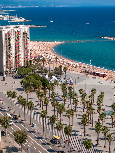 Barcelona beach view near Montjuic, showcasing cityscape and coastline.