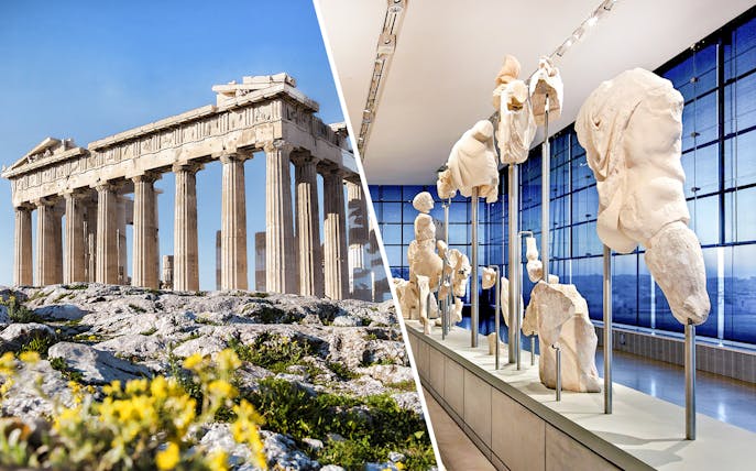 Acropolis and Parthenon ruins with sculptures in Acropolis Museum, Athens.