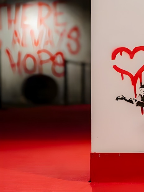 Graffiti of a rat with a red heart at Banksy Limitless Exhibition.