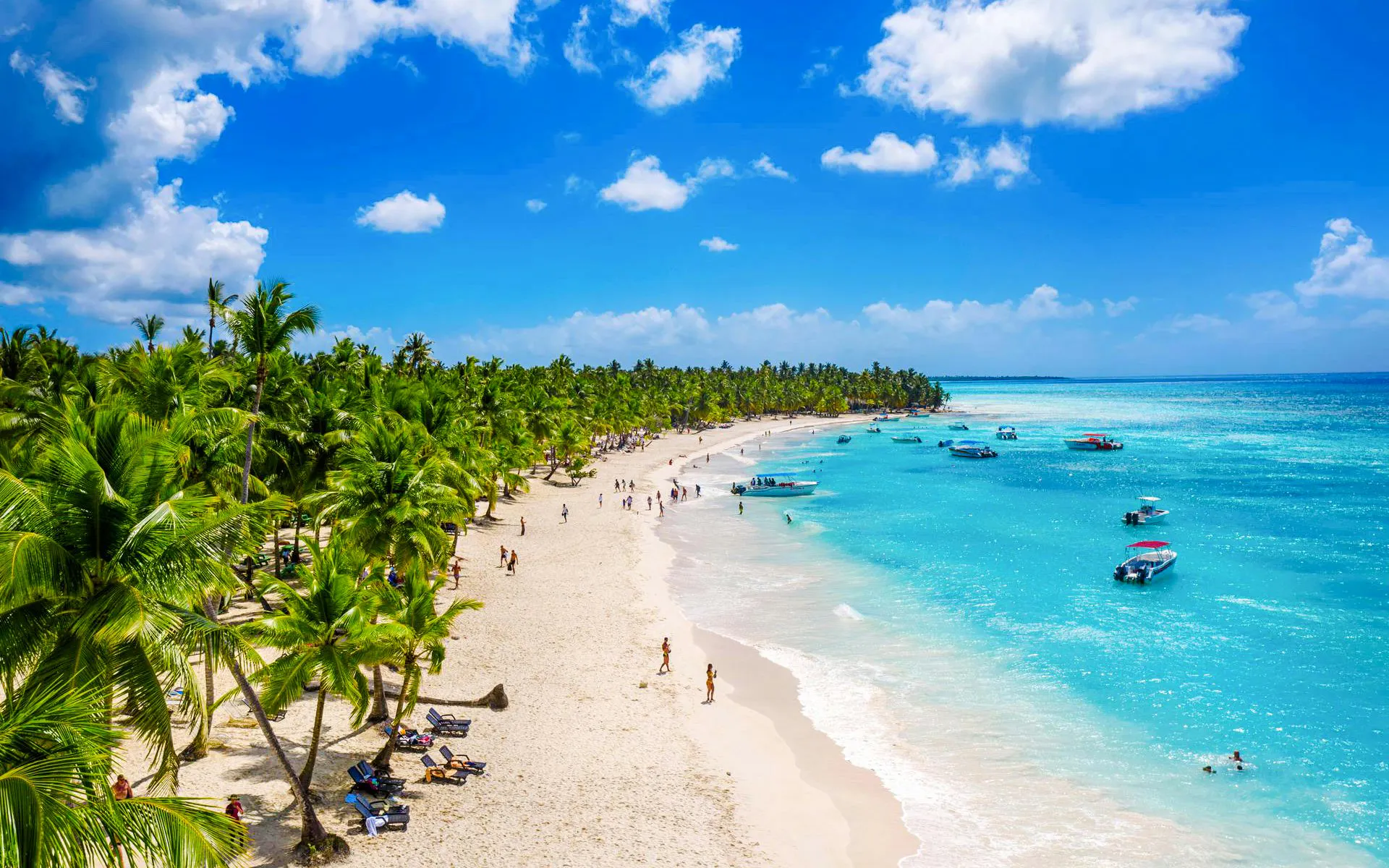 Saona Island beach with palm trees, tourists, and boats on turquoise water.