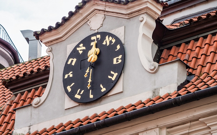 Clock with Hebrew numerals on the Old Jewish Town Hall, Prague.