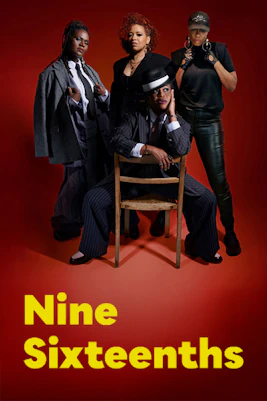 Cast of Nine Sixteenths West End show posing against a red background