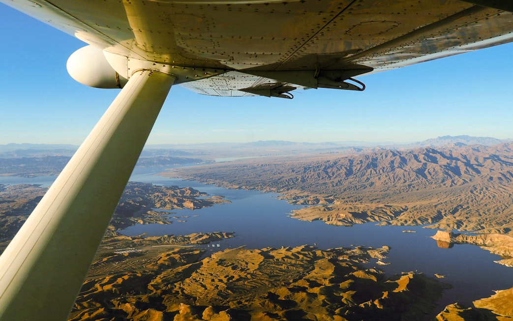 Aerial view of Grand Canyon National Park landscape from airplane.
