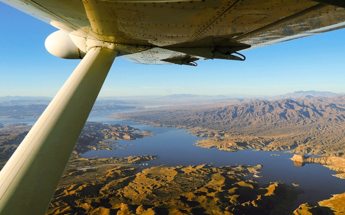 Aerial view of Grand Canyon National Park landscape from airplane.