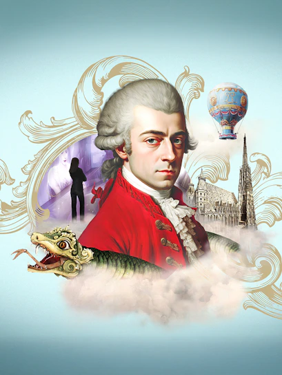 Mozart portrait with Vienna landmarks, hot air balloon, and dragon illustration.