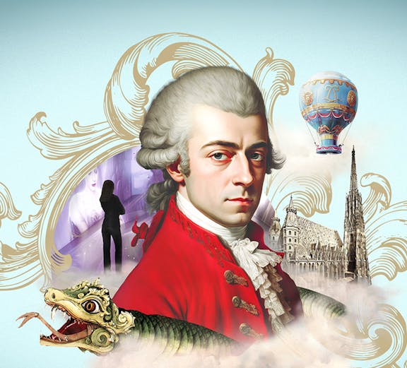 Mozart portrait with Vienna landmarks, hot air balloon, and dragon illustration.