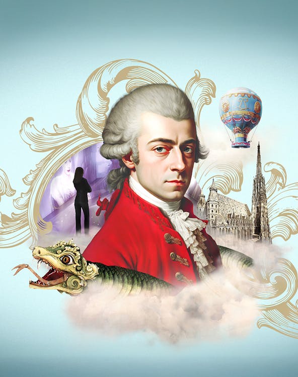 Mozart portrait with Vienna landmarks, hot air balloon, and dragon illustration.