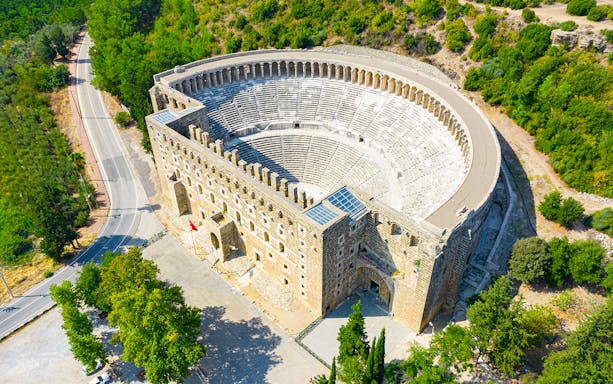 Aspendos Roman theater aerial view, part of Antalya guided tour.