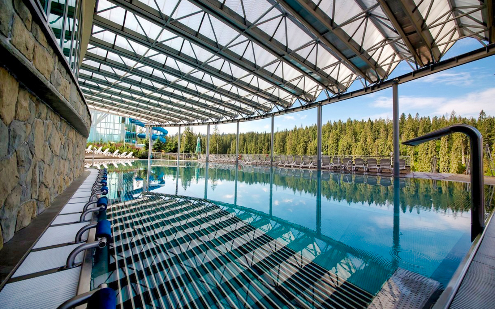 Indoor pool area with lounge chairs and forest view at Chochołów Thermal Spa.