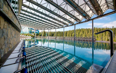 Indoor pool area with lounge chairs and forest view at Chochołów Thermal Spa.