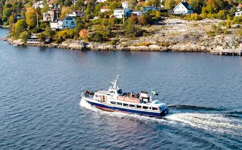 Boat cruising through Stockholm Archipelago with scenic coastal homes in view.