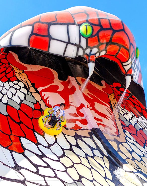 Group enjoying a yellow water slide at a theme park in Doha.