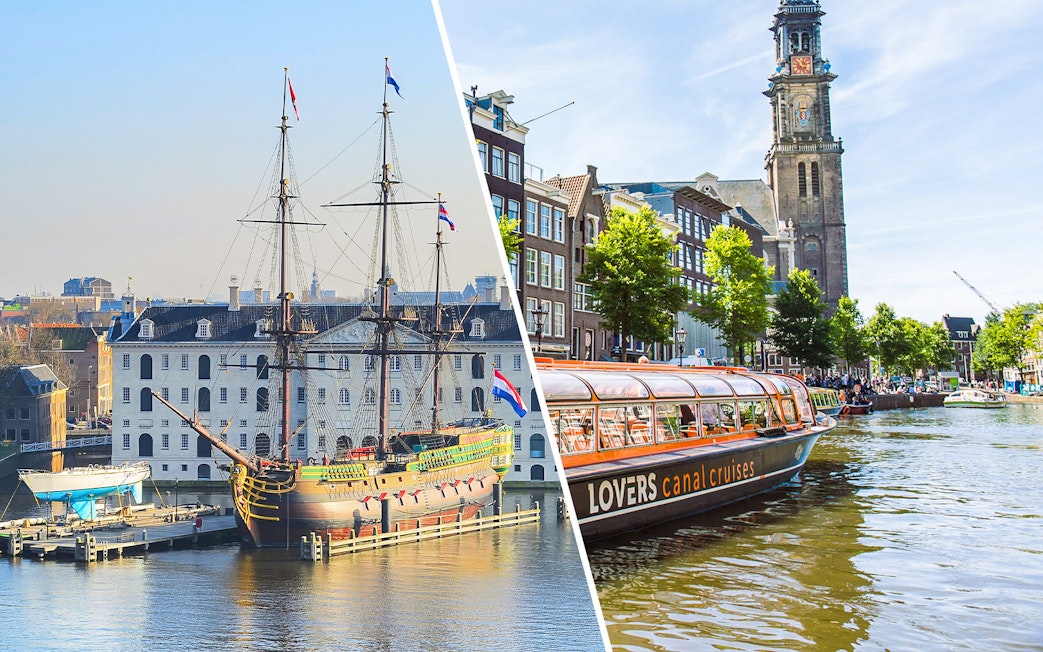 National Maritime Museum ship and Amsterdam canal cruise boat on the water.