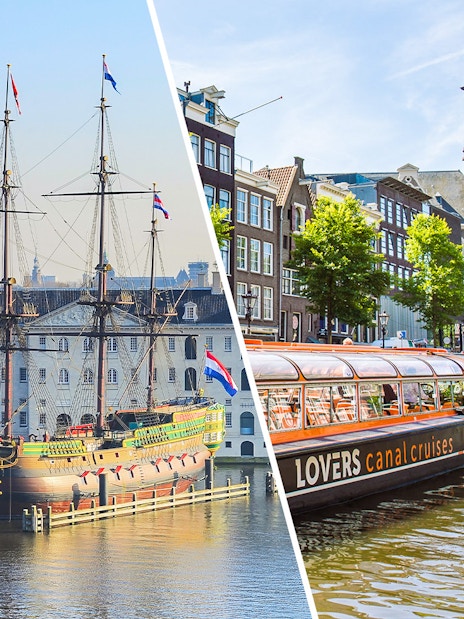 National Maritime Museum ship and Amsterdam canal cruise boat on the water.