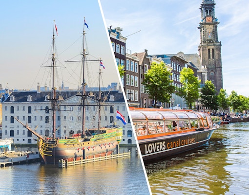 National Maritime Museum ship and Amsterdam canal cruise boat on the water.