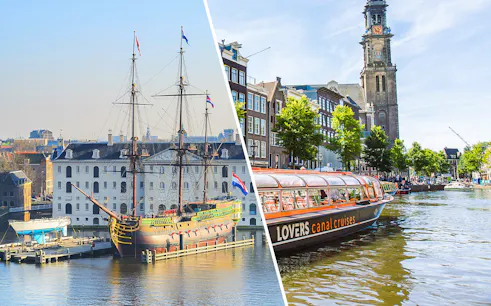National Maritime Museum ship and Amsterdam canal cruise boat on the water.