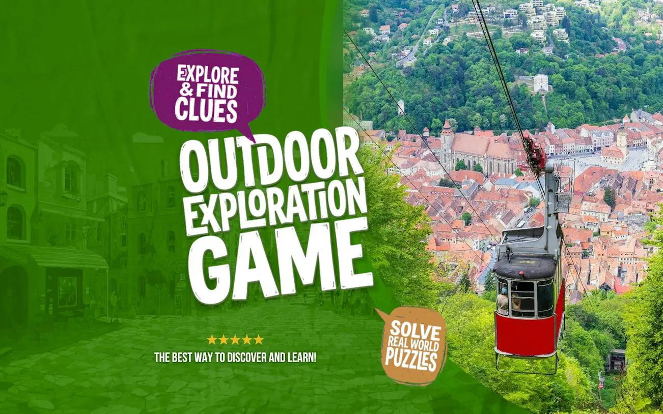 Cable car over Brașov with city view, promoting self-guided exploration game.