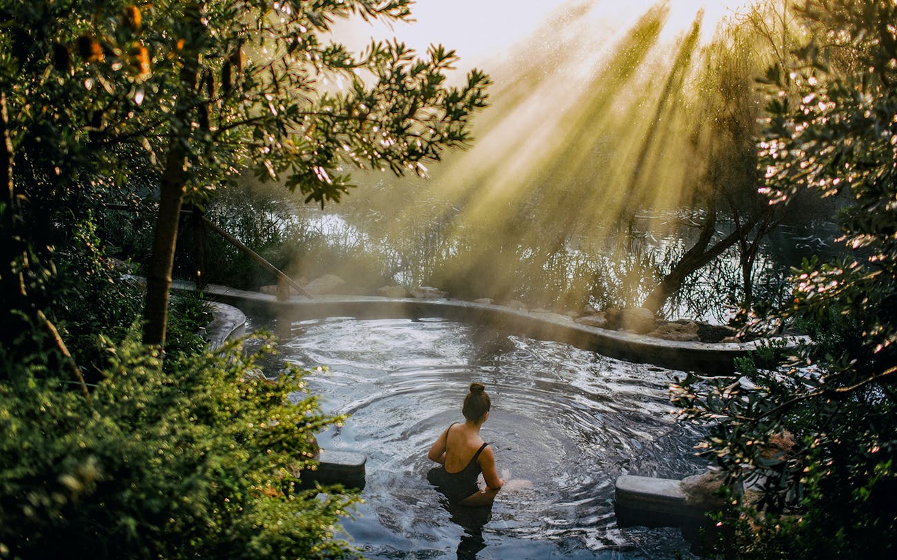 Person relaxing in a hot spring surrounded by lush greenery at Peninsula Hot Springs.