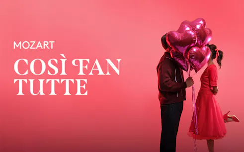 Mozart's "Così fan tutte" promotional image with couple and heart balloons.