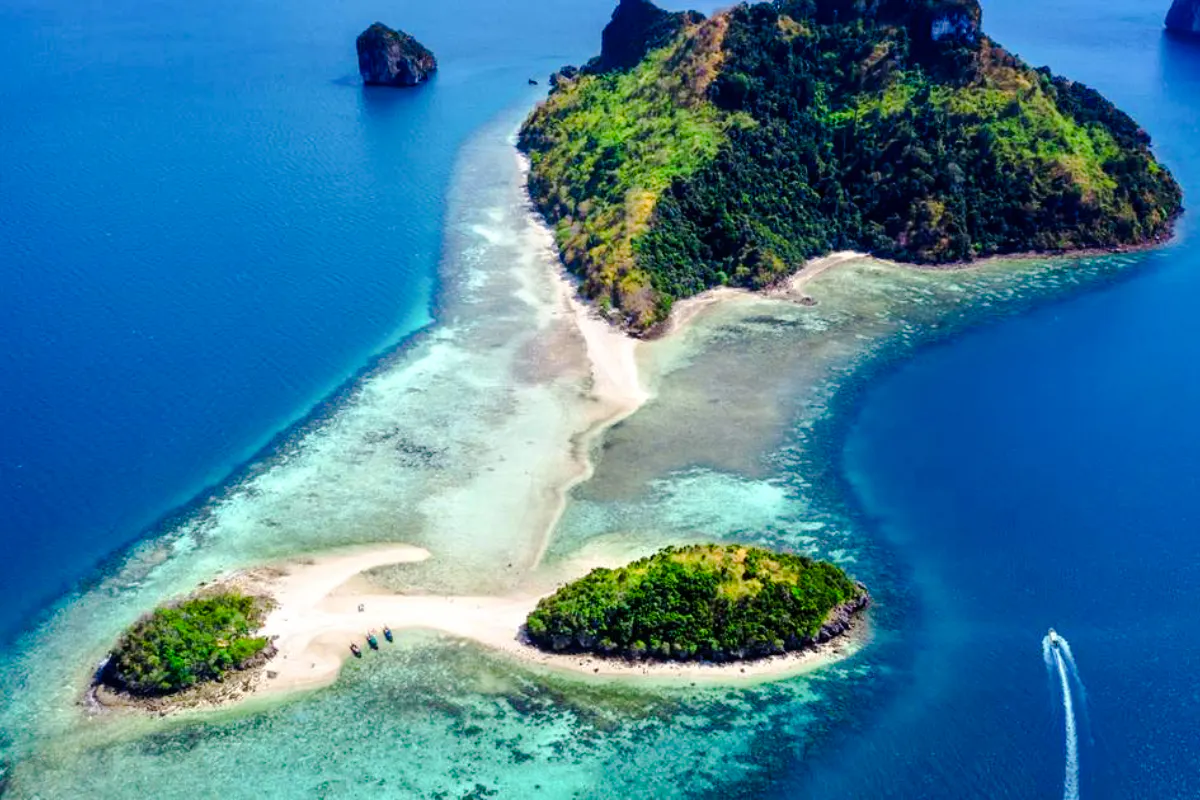 Railay Beach aerial view with turquoise waters and lush islands, Krabi.