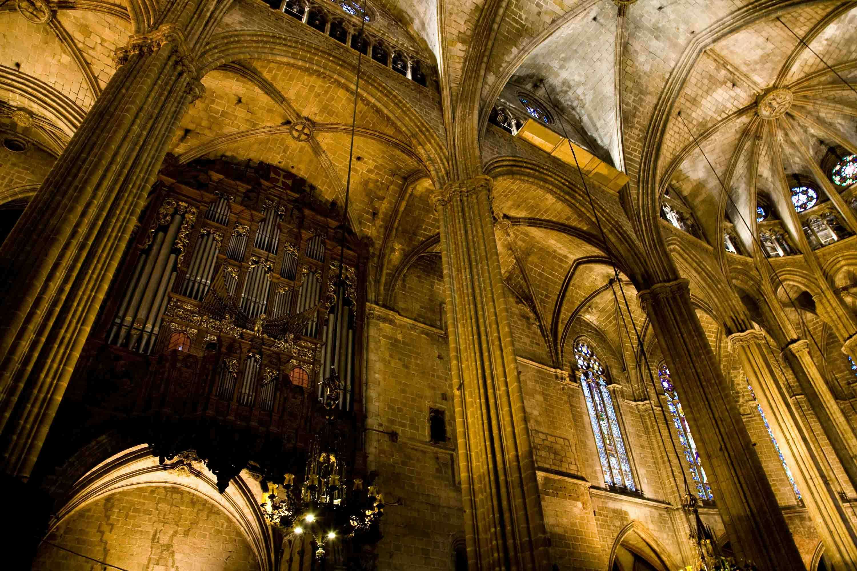 Interior view of Barcelona Cathedral's vaulted ceiling and ornate organ.