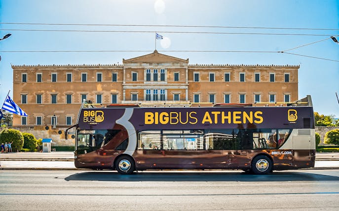 HOHO tour bus in front of the Parliament of Greece, Athens.