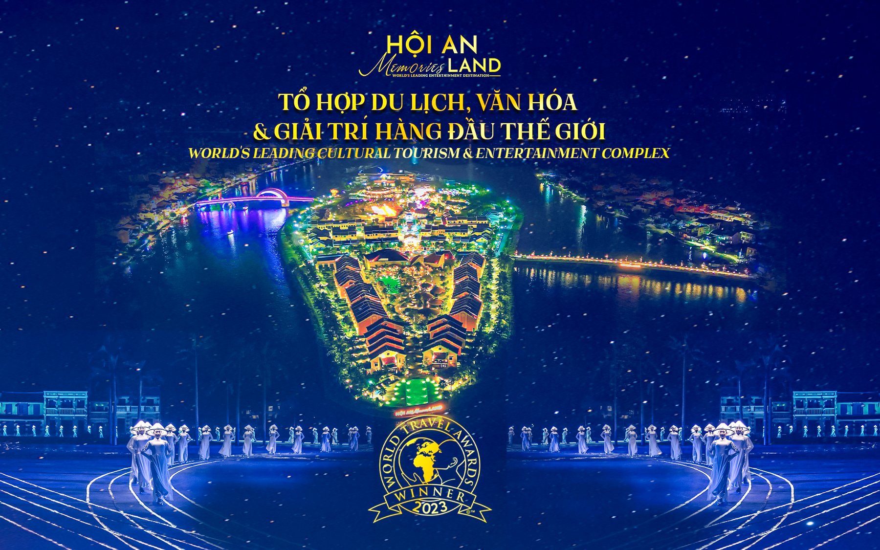 Hoi An Memories Show with illuminated island and performers in traditional attire.