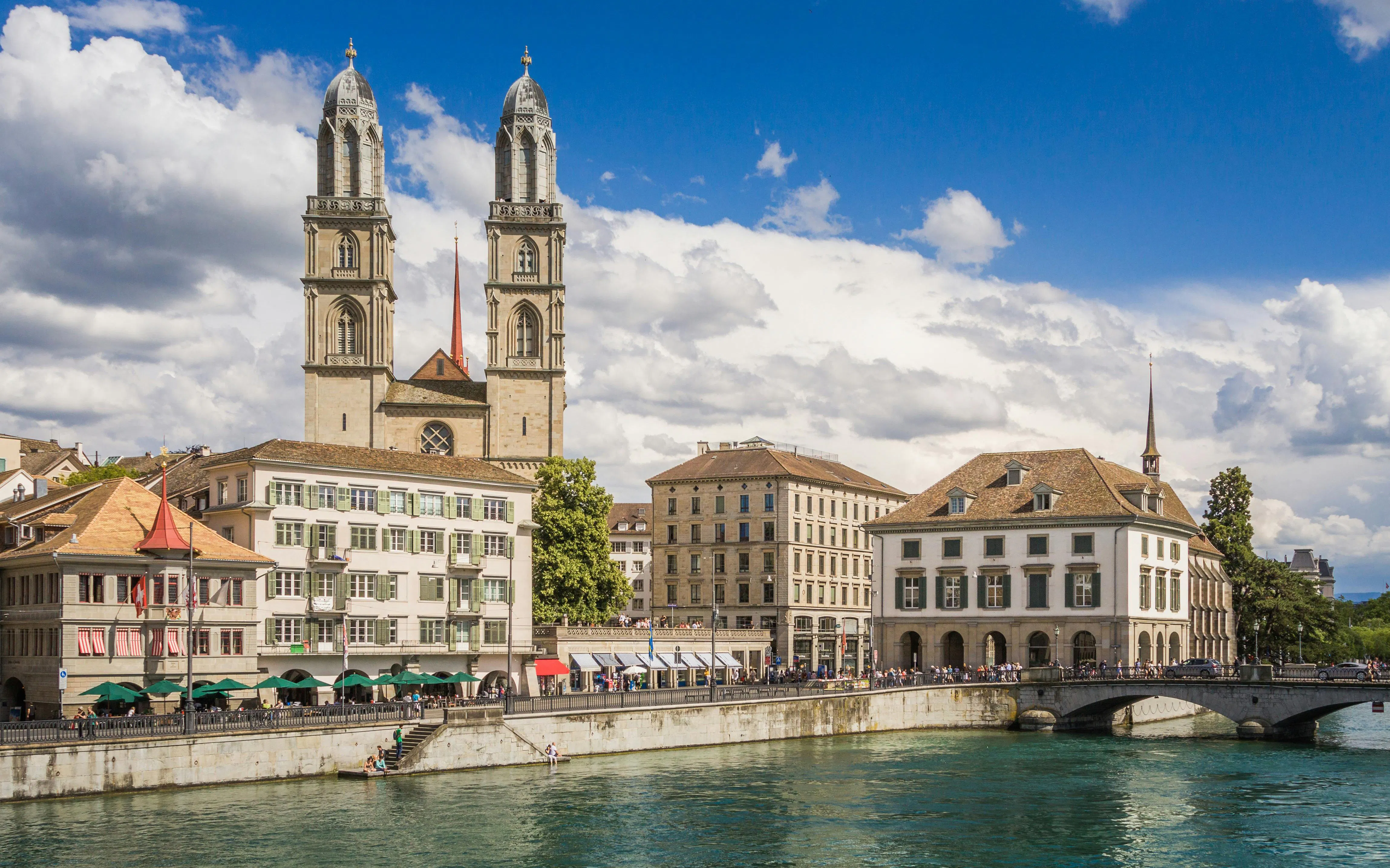Grossmünster church with twin towers by the Limmat River in Zurich, Switzerland.
