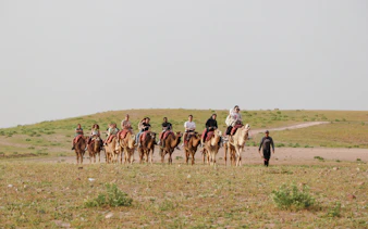 Group camel ride in Agafay desert during safari lunch tour.