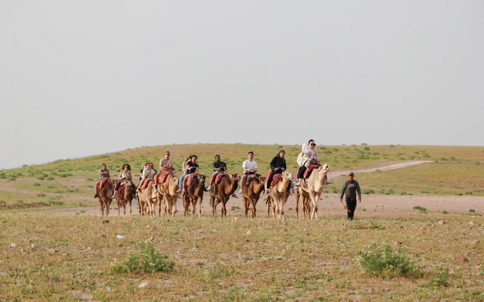 Group camel ride in Agafay desert during safari lunch tour.