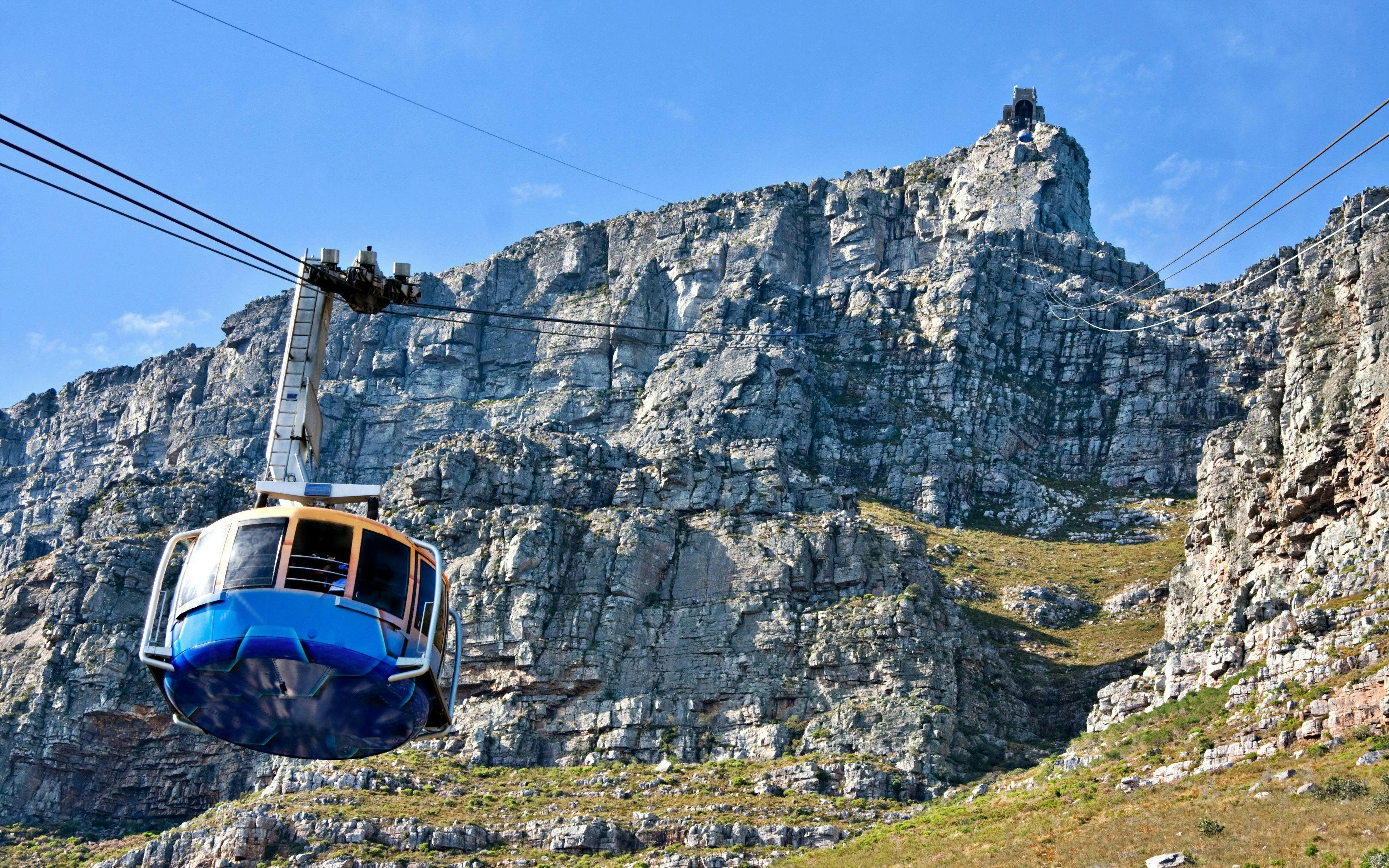 Cable car ascending Table Mountain in Cape Town, South Africa.