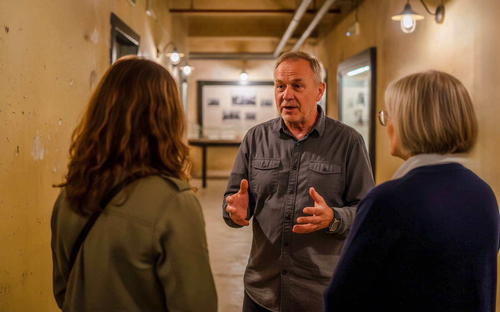 Guide explaining exhibits at Oskar Schindler's Factory during a tour.