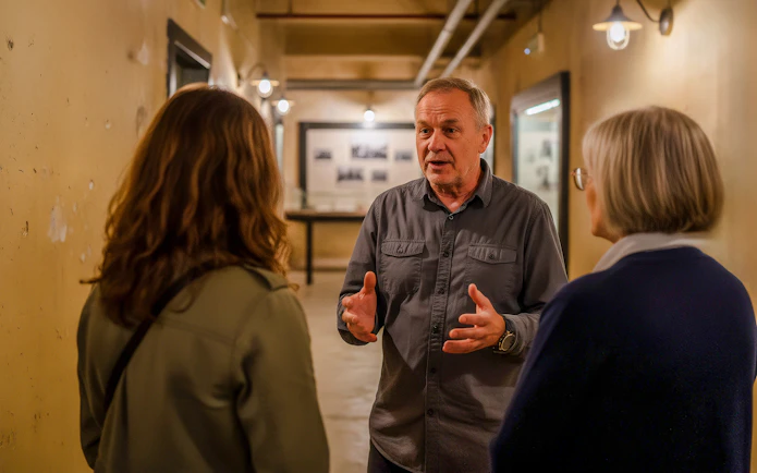 Guide explaining exhibits at Oskar Schindler's Factory during a tour.