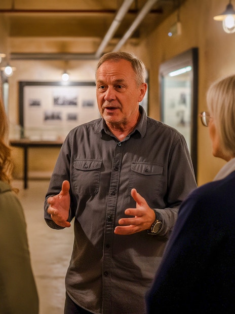 Guide explaining exhibits at Oskar Schindler's Factory during a tour.