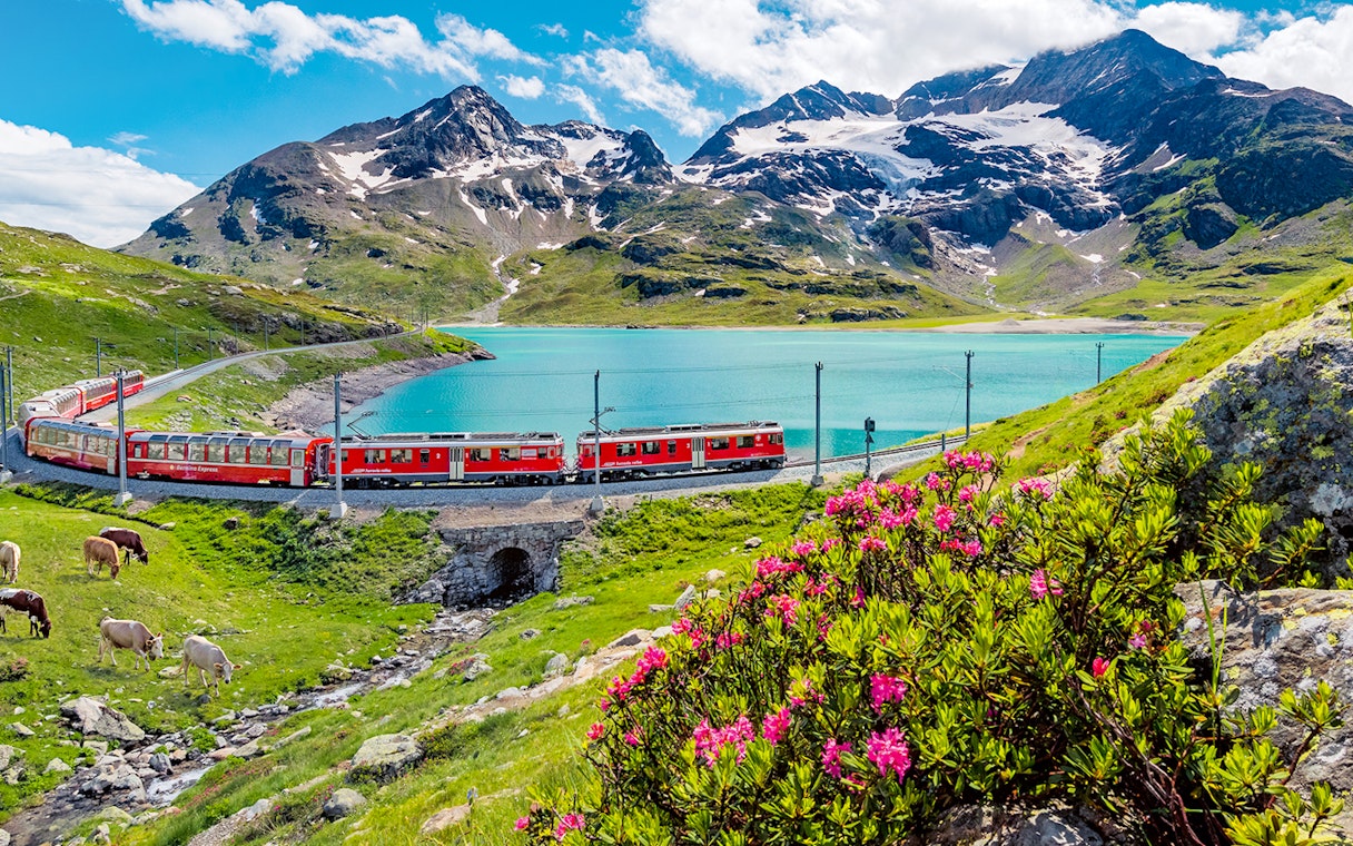Train on Lucerne-Interlaken Express route by Lake Sarnen, Central Switzerland, with mountain backdrop.