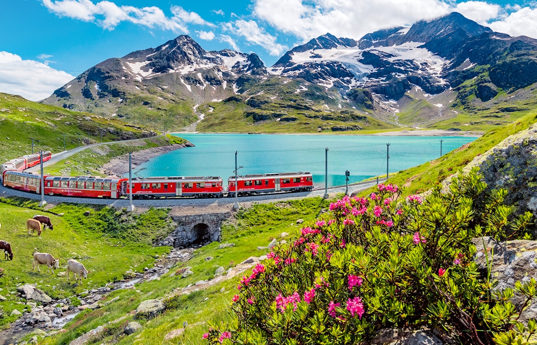 Train on Lucerne-Interlaken Express route by Lake Sarnen, Central Switzerland, with mountain backdrop.