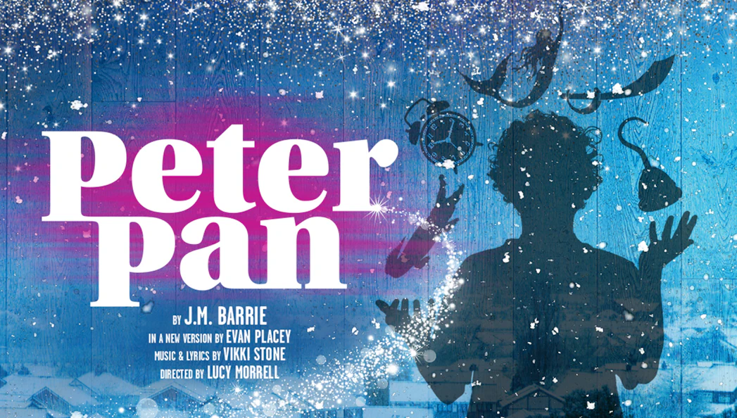 Silhouette of Peter Pan with flying objects and sparkling background.