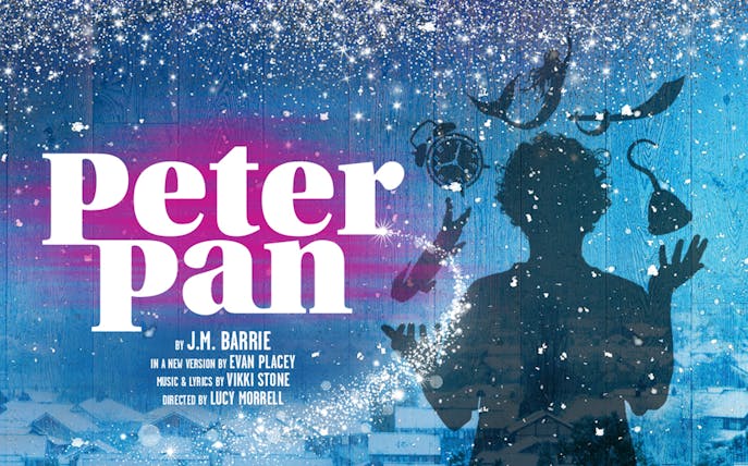 Silhouette of Peter Pan with flying objects and sparkling background.