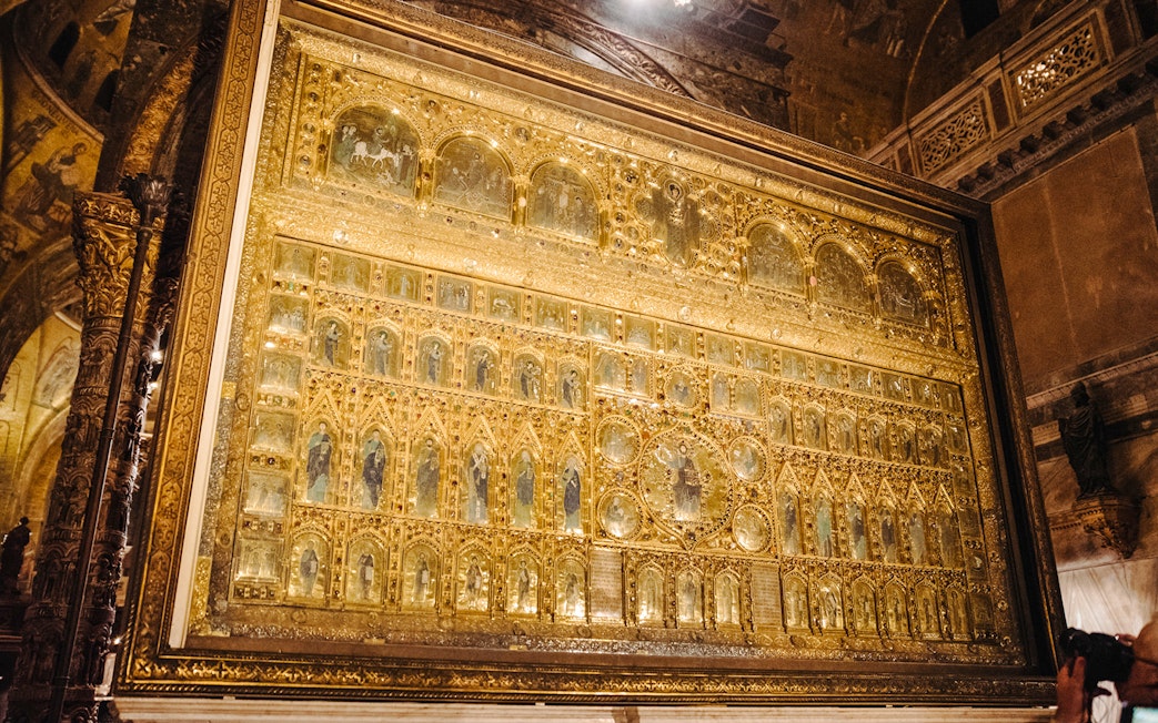 Golden Pala d'Oro altarpiece in St. Mark's Basilica during exclusive after-hours tour.