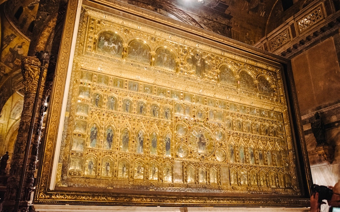 Golden Pala d'Oro altarpiece in St. Mark's Basilica during exclusive after-hours tour.