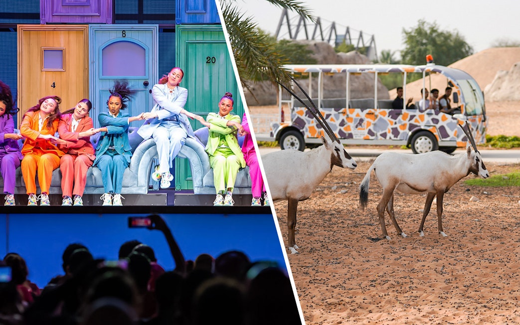 Performers in colorful outfits at Global Village Dubai and oryx near a safari tram at Dubai Safari Park.