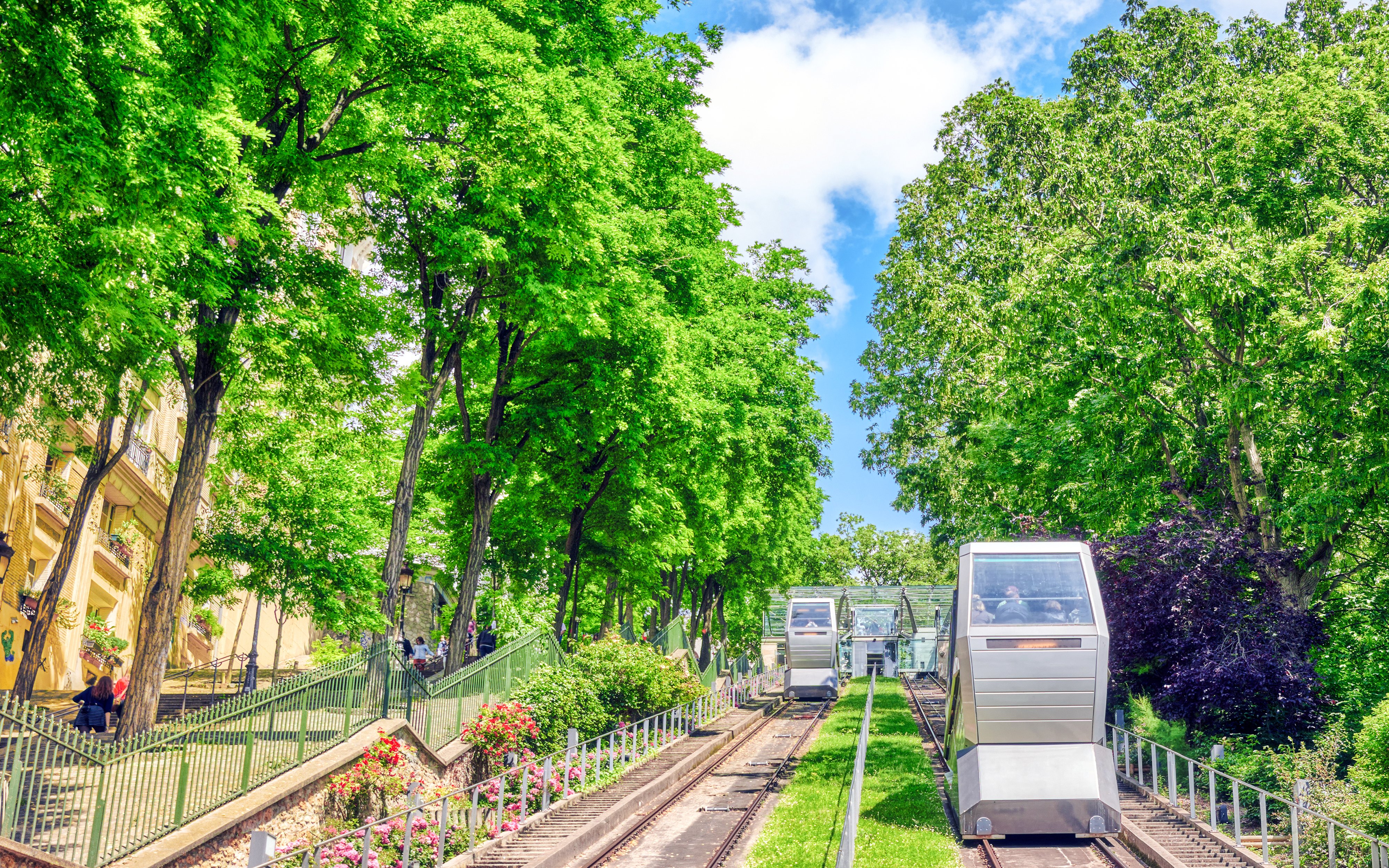 Montmartre funicular ascending through lush green trees in Paris.