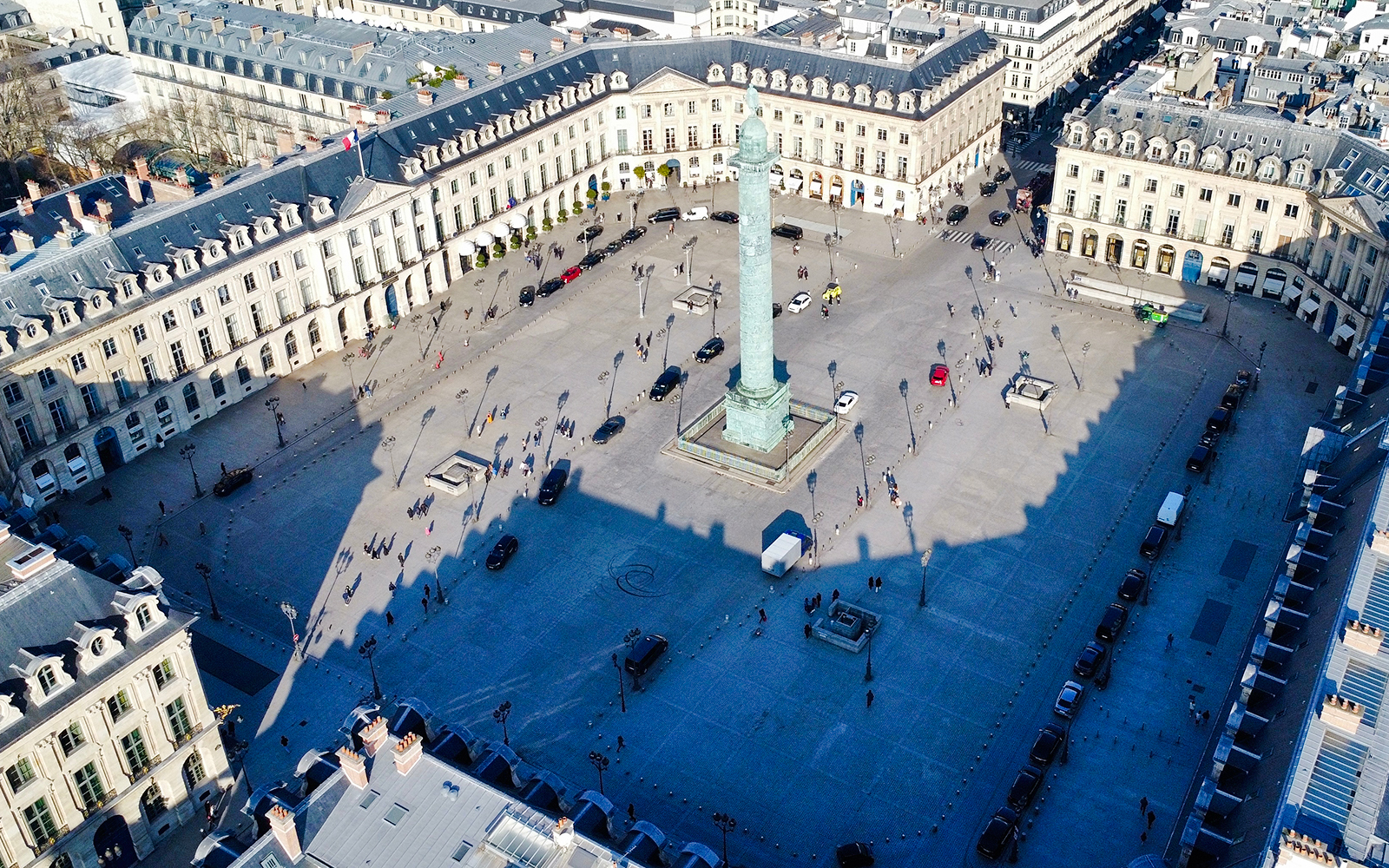 Aerial view of Place Vendôme in Paris with the Vendôme Column at the center.