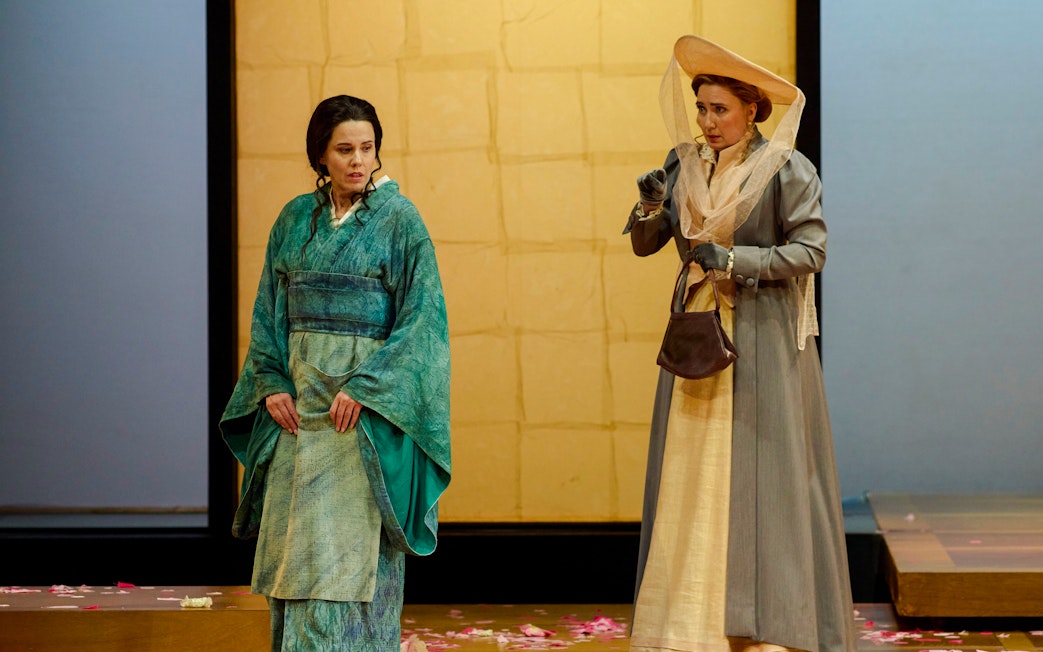 Stage performance of Madama Butterfly in Sydney with two actors in period costumes.